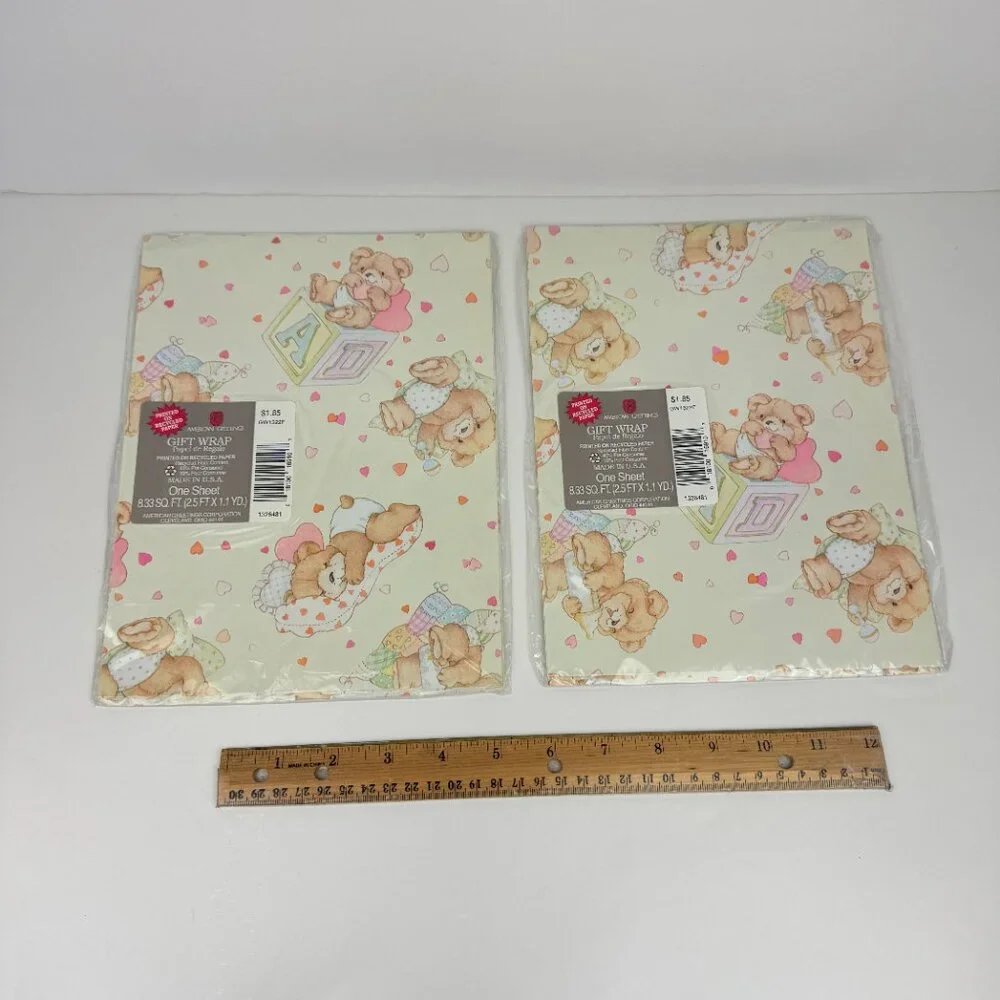 Vtg Teddy Bear Blocks Hearts Baby Child American Greetings Sheet Gift Wrap Paper